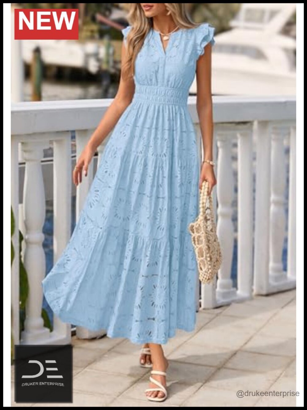 Boho Maxi Dress with Floral Lace Eyelet V Neck Wedding Guest Beach Vacation - Picture 5 of 6
